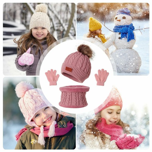 3PCS/set Kids Hat Scarf Gloves Set Baby Winter Warm Girls Boys Pompom Beanie Cap - Picture 4 of 14