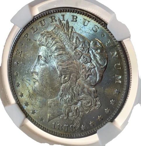 1878 7TF Rev of 78 NGC MS63 Morgan Silver Dollar Rainbow Toning Both Side.