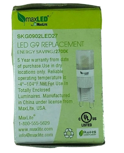 Maxlite 72288 LED G9 Wedge Base 1.6W 2700K Warm White 80 Lumens 120V 25,000 hrs - Picture 5 of 9