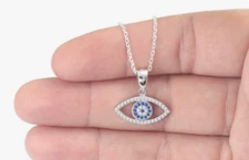 Greek Mati Evil Eye CZ Pendant With 18Inch Chain Solid 925 Sterling Silver