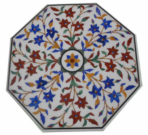 Handmade 24 Inch Pietra Dura Marble Table Top with Semi-Precious Stones
