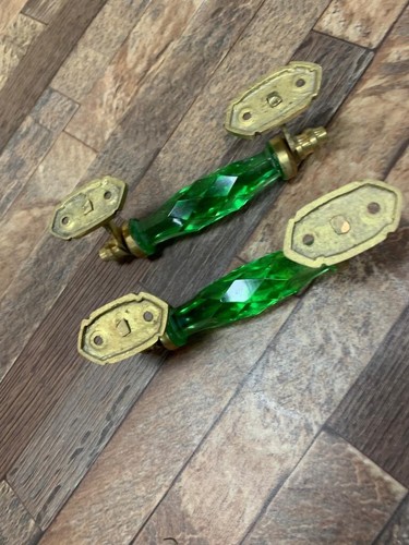 Glass Brass Door Handle Antique Style 5.5'' Crystal/Cut Green 2 Pc Collectible - Picture 4 of 10
