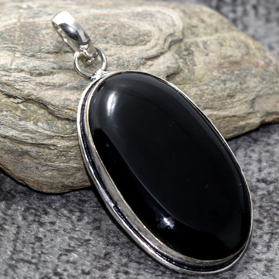 925 Sterling Silver Plated Black Onyx Ethnic Handmade Pendant Necklace 2.2 Inches JW