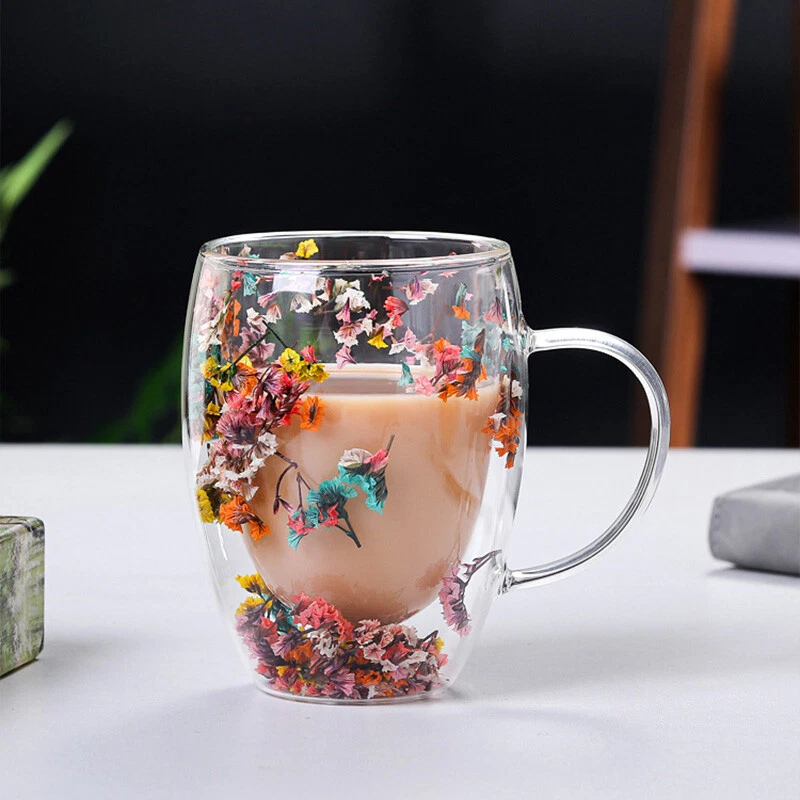 Creative Dried Flower Double Wall Layer Espresso Coffee Mug Tea