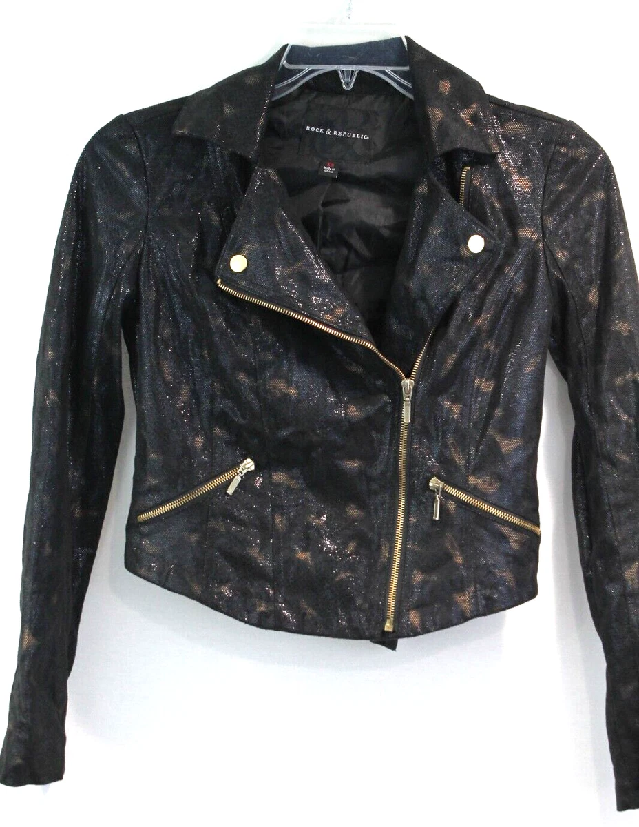 Rock u0026 Republic Moto Jacket Faux Leather XS Black Gold Long Sleeve Zippers  | eBay