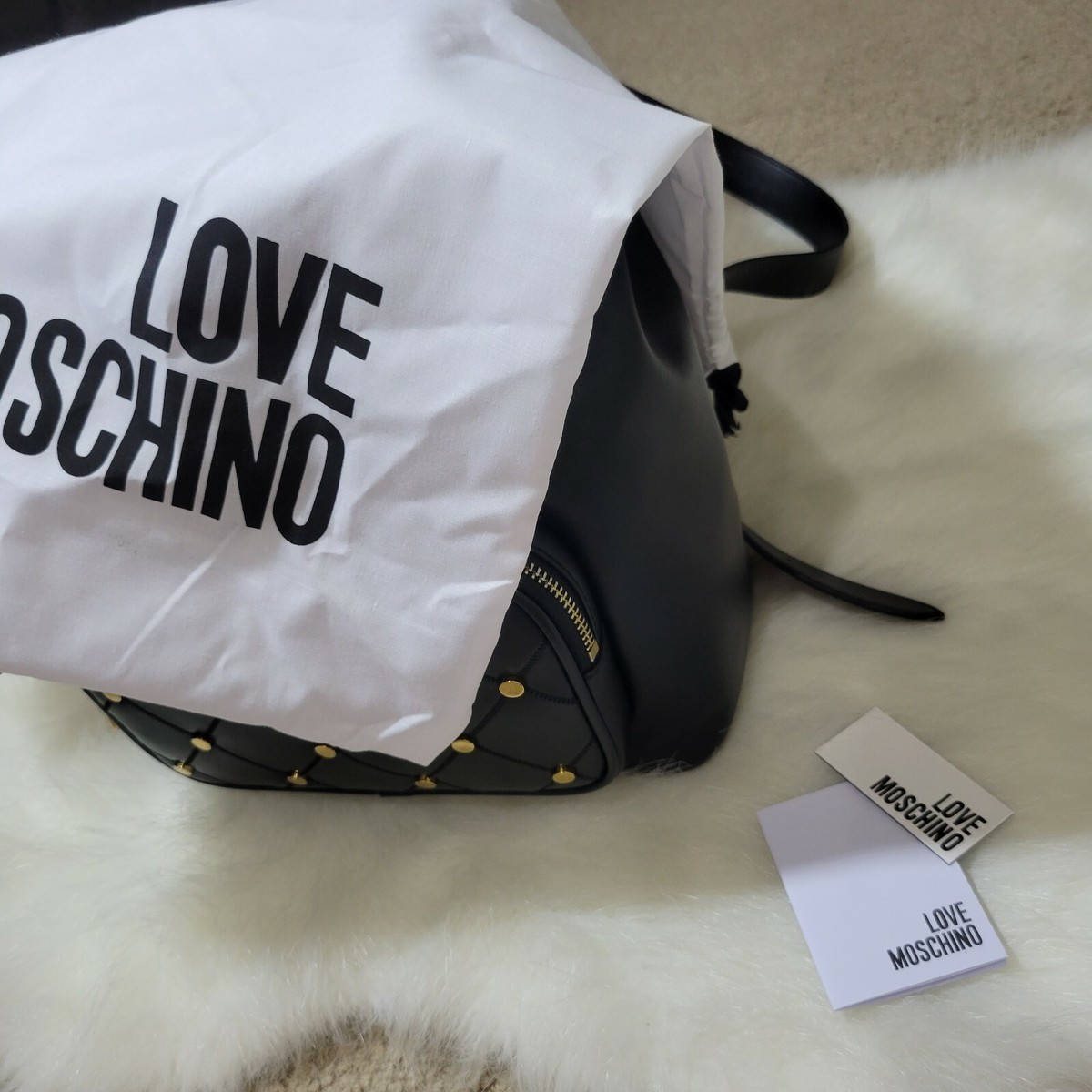 NWT LOVE MOSCHINO Black Studded Logo Quilted Cinch Backpack NWT LOVE MOSCHINO Black Studded Logo Quilted Cinch Backpack