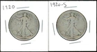 (2) Coins - 90% Silver Walking Liberty Half Dollars 1920-P & 1920-S