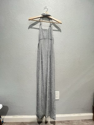 VNTG NWT Bieff Basix Women s Silk Beaded Backless Halter Slit Maxi Gown Gray SZ2