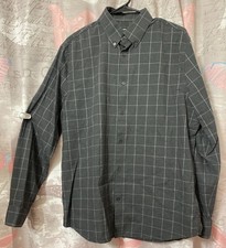 EXPRESS Mens Large Slim Fit Dress Button Down Shirt Black Grey Plaid Stretch