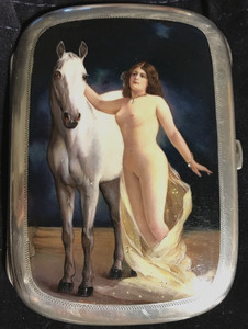 Antique Silver Cigarette Case Enameled Painting Of Lady & Horse