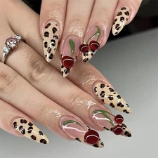 3D Press on Nails Medium Almond with Cherry Design, Nude Sand French Fruite N...