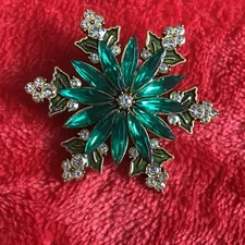 Retro Holiday Christmas Green Rhinestone Snowflake Brooch Pin Irish Office Bling