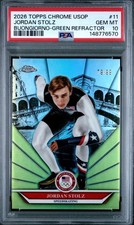 JORDAN STOLZ ROOKIE RARE 2026 Topps Chrome USA Green Refractor /99 GEM PSA 10