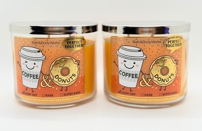 2 Bath & Body Works COFFEE & DONUTS Large 3 Wick Scented Candle Perfect Together