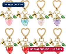 8 Pack Mini Strawberry Keychain, Kawaii Heart KeyChain with Bee and Green Leaf,
