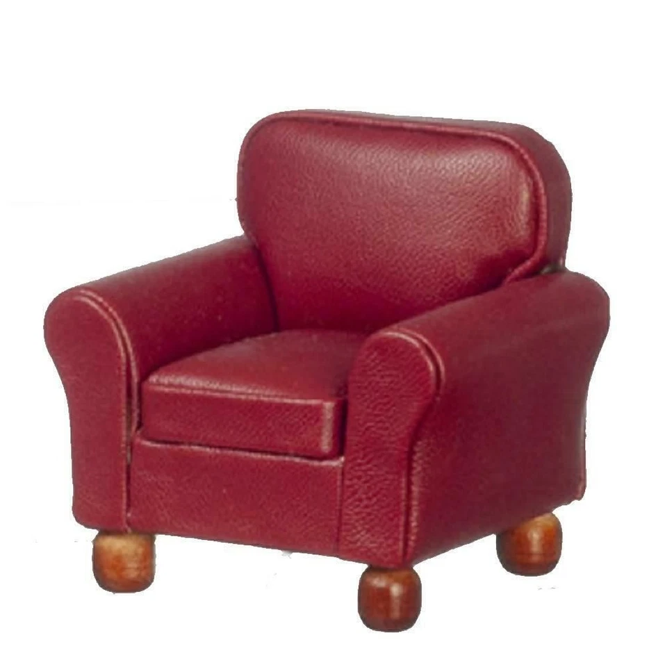 Dolls House RS Burgundy Leather Armchair Arm Chair Living Room Furniture - Image 1 of 1