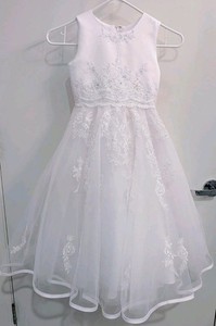 $290 Nu Angel White Long Dress Girl Tulle Satin Beads Sleeveless Size 6 Flower