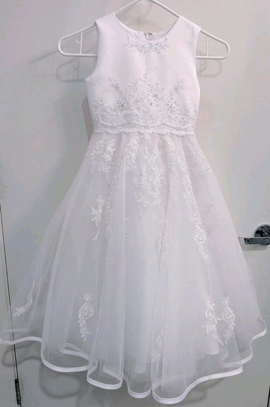 $290 Nu Angel White Long Dress Girl Tulle Satin Beads Sleeveless Size 6 Flower
