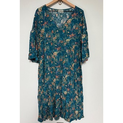 Natural Life Floral Tiered Charlotte Midi Dress Boho V-Neck Teal Pink Size XL
