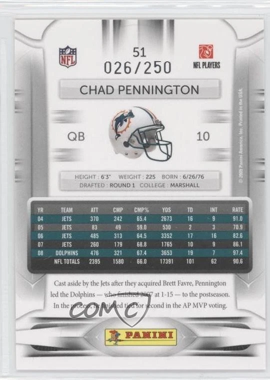 2009 Playoff Prestige Xtra Points Gold /250 Chad Pennington #51 - Image 2 of 2