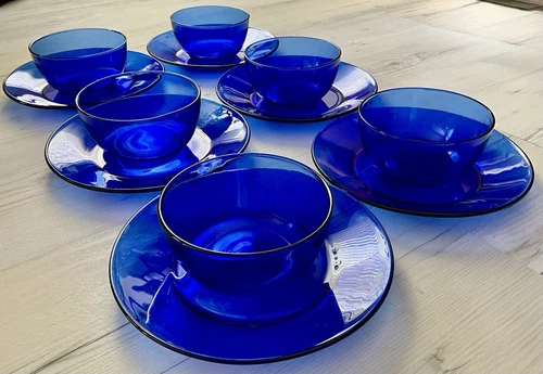 Vintage Set Of 6 Cobalt Blue 10” Dinner Plates And 5.75” Salad/Cereal Bowls