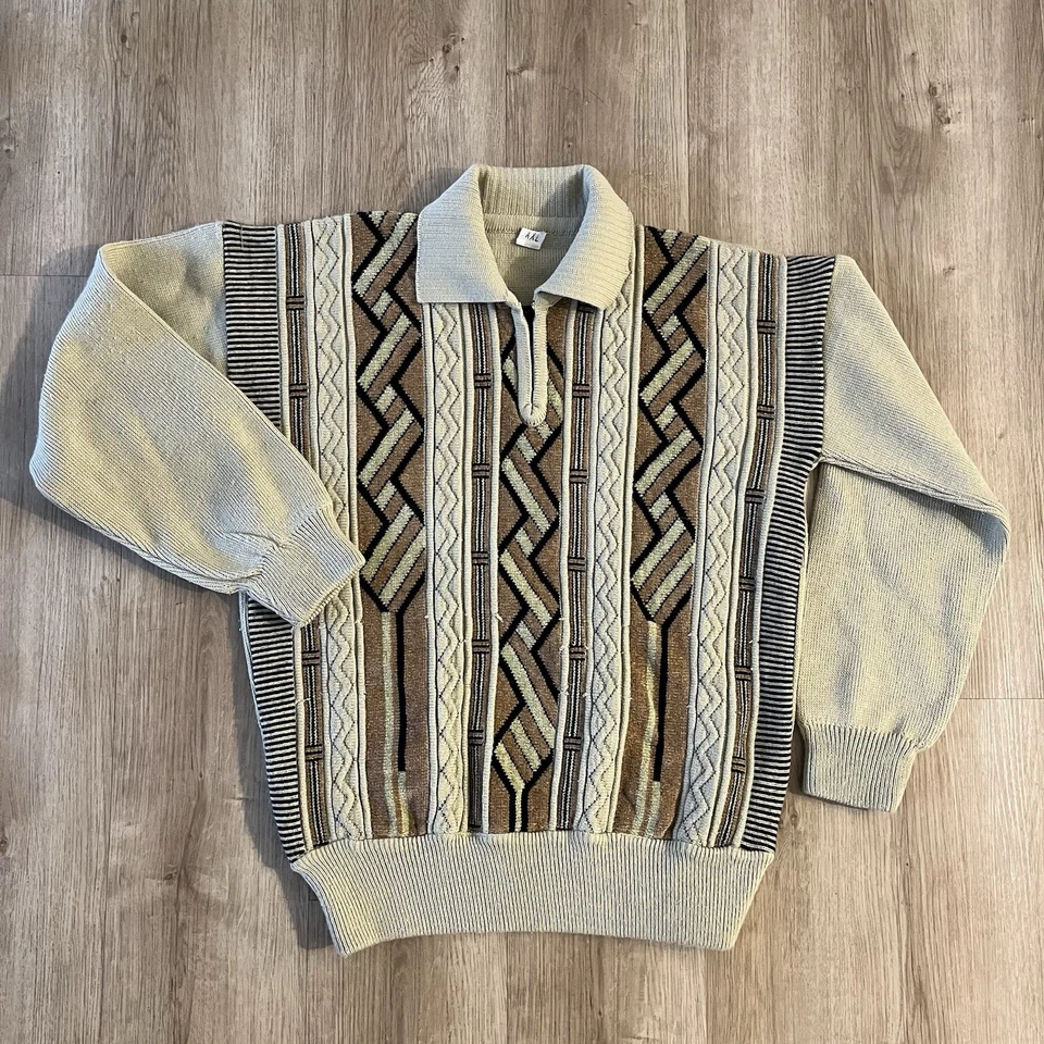 VTG 90s 3D Coogi Style Hip Hop Quarter Zip Sweater Knit Brown Mens XXL - Image 2 of 4