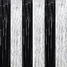 Premium Black and Silver Tinsel Foil Fringe Curtains - 2 Pack Metallic Backdrop 