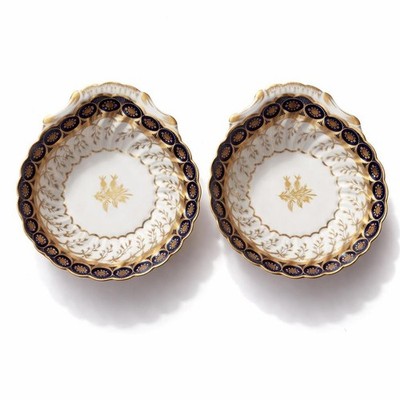 2x Chelsea House Porcelain Shell Tray/ Plates Pair Hand Painted Cobalt Gold Mint
