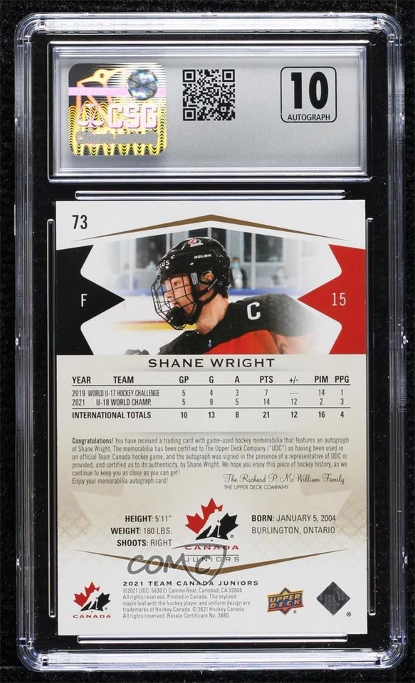 2021 Upper Deck Team Canada Juniors /25 SP Shane Wright CSG 9 Mint Patch Auto - Image 2 of 2