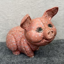 Hand Painted Pink Speckled Ceramic Piggy Bank Figurine Coins 8" Farmhouse Decor