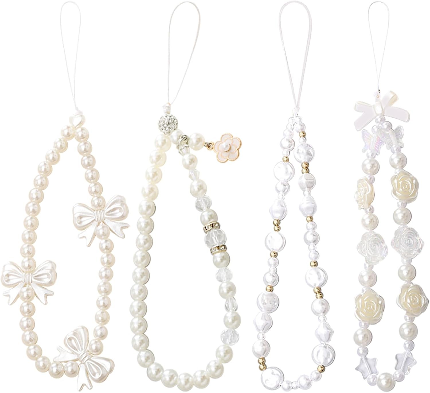 4 pcs Phone Charm, Beaded Phone Bracelet Strap, White Pearl Bow Cell Phone Char