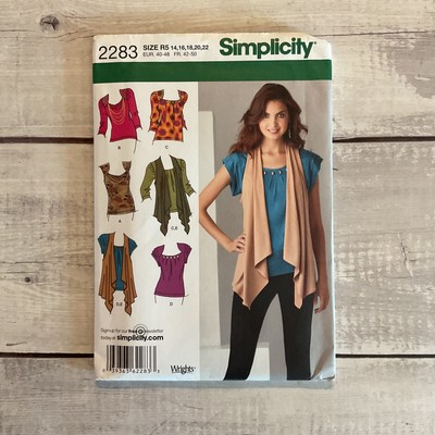 Simplicity 2283 Sewing Pattern Knit Tops Shirt Vest Draped Front Sz 14-22 UNCUT