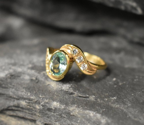 1.70 Ct Oval Cut Aquamarine Natural Diamond Engagement Ring 14K Yellow Gold 7 8