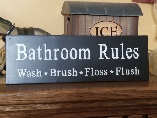BATHROOM RULES Rustic Primitive Farmhouse Distress Country Wood Sign many colors - Picture 2 of 3