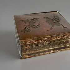 Arts & Crafts Copper Trinket Box Japan Fighting Cocks Wood Lined Sm Tobacco Tin