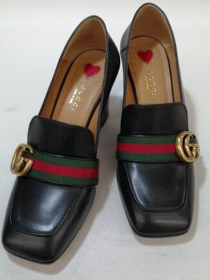GUCCI Authentic Mid Heel Loafers Black GG Sherry Line Women