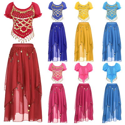 Belly Dancing Outfits for Women Sequin Belly Dance Crop Top with Skirt 2Pcs Set