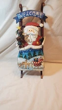 Holiday Metal Sled Santa Claus Welcome Sign Sleigh Reindeer Pine Cones Snow Tree