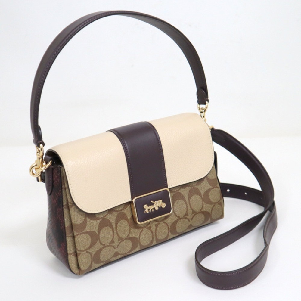 Coach 2Way Bag H2222 Cc066 Signature Brown Beige Snake Emboss
