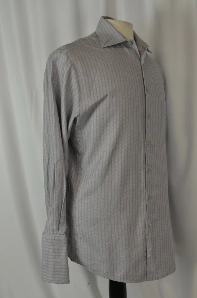 Camisa de vestir Thomas rosa para hombre talla 15 1/2 rayas abotonadas calce ajustado algodón genial Foto 3 de 4