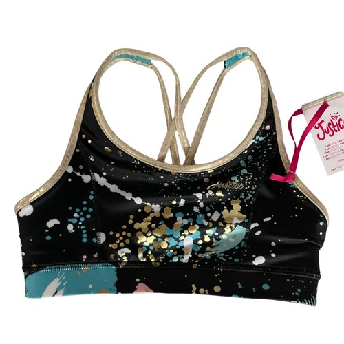 Justice Girls Reversible Sports Bra Black Gold Shiny Size Large 12/14 New - Picture 2 of 11