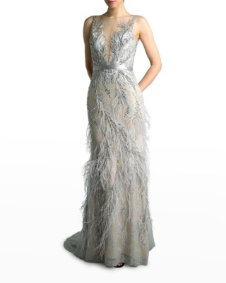 Basix Black Label Feathered Lace Evening Gown Dress Metallic Grey Size 2 |  eBay
