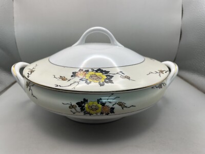 Angelus By Meito Orange And Yellow Flowers Cream Band Soup Tureen Jonroth R3B2