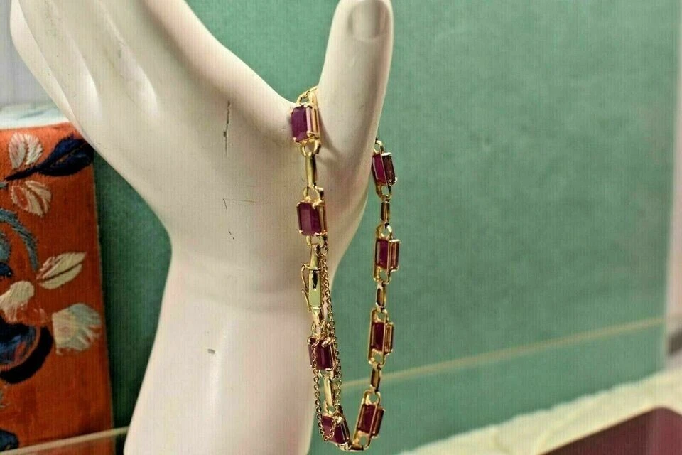 8Ct Emerald Simulated Red Ruby Women's Tennis Bracelet 14K Yellow Gold Plated - Image 3 of 4