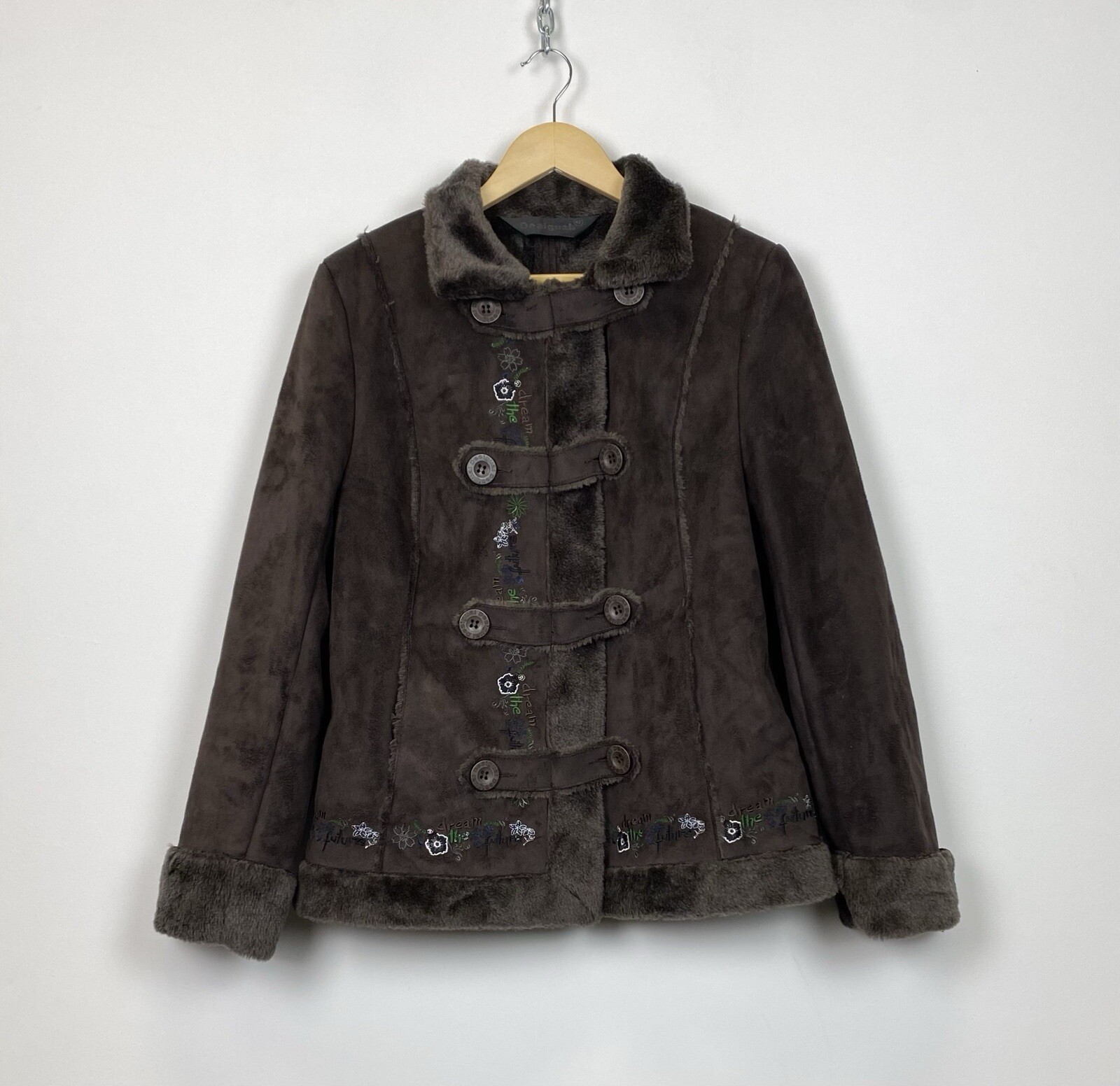 Vintage Desigual Sherpa Coat Jacket Women’s Size 42 Brown Y2K Style Collared Top