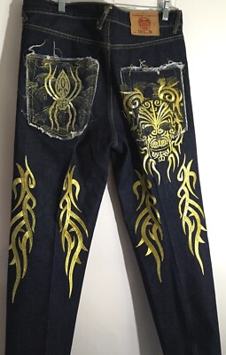 Red Monkey X Japanese Brand Vintage Gold Threaded Tribal Skull Denim Jeans