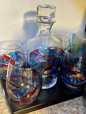 Hand Painted Decanter And Wine Glassware Serving Set With Tray, The Wine Savant