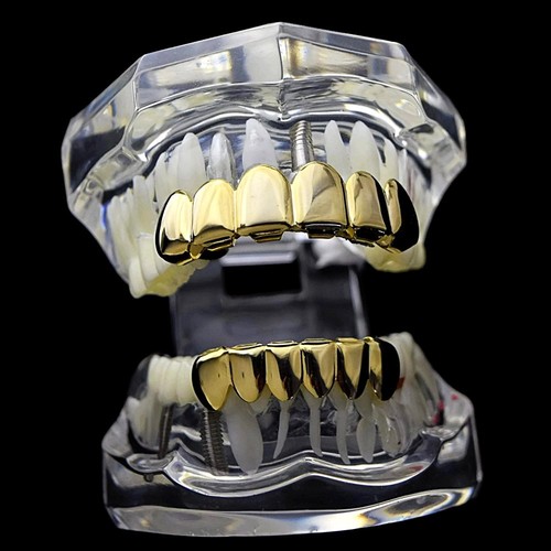 Best Grillz 14K Gold Plated Teeth Set Plain 6 Top Six Bottom Row Hip Hop Grills - Picture 3 of 7