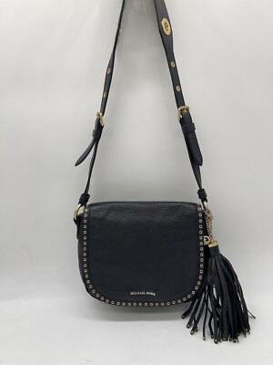 Michael Kors BROOKLYN Medium Saddle Bag Black Leather $398 Gold