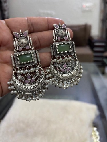 Ethnic Traditional Bollywood Style Golden Silver Indian Long Jewelry Earrings